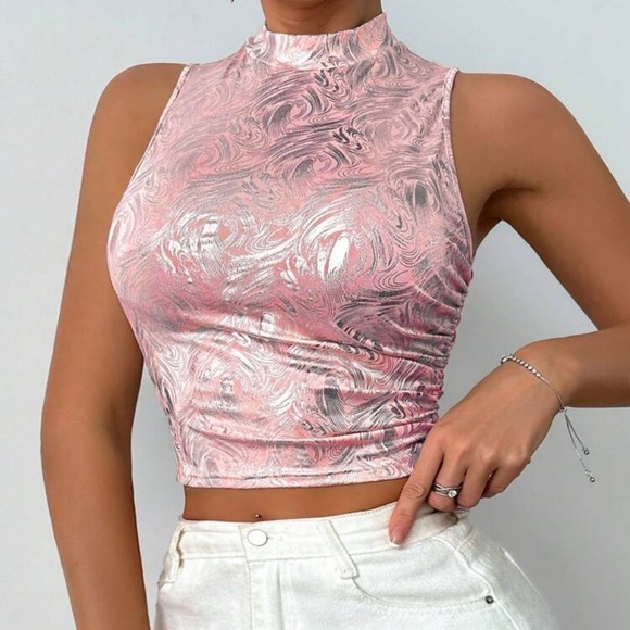 Metallic Stand Collar Slim Fit Cropped Tank Top For Summer Graphic Tees Women - Picture 3 of 4